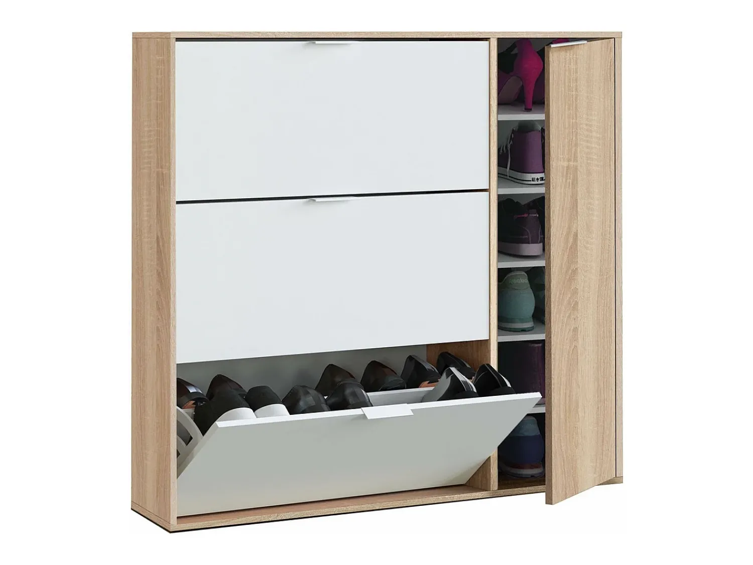 Móvel De Arrumação|Sapateira*Dmora Sapateira Dmagnino, sapateira 4 portas, armário baixo multiuso com 5 prateleiras, sapateira moderna, 106x22h115 cm, Carvalho e Branco Castanho