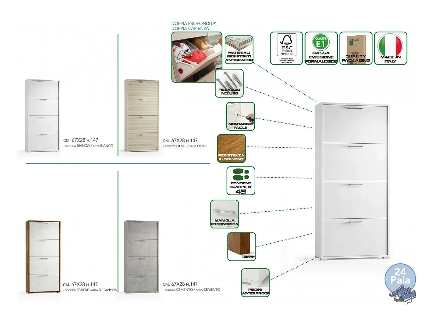 Dmora Sapateira Dmarcat, móvel de entrada multiuso com 4 portas sanfonadas, sapateira de dupla profundidade, 100% Fabricado na Itália, 67x28h147 cm,^ Móvel De Arrumação|Sapateira