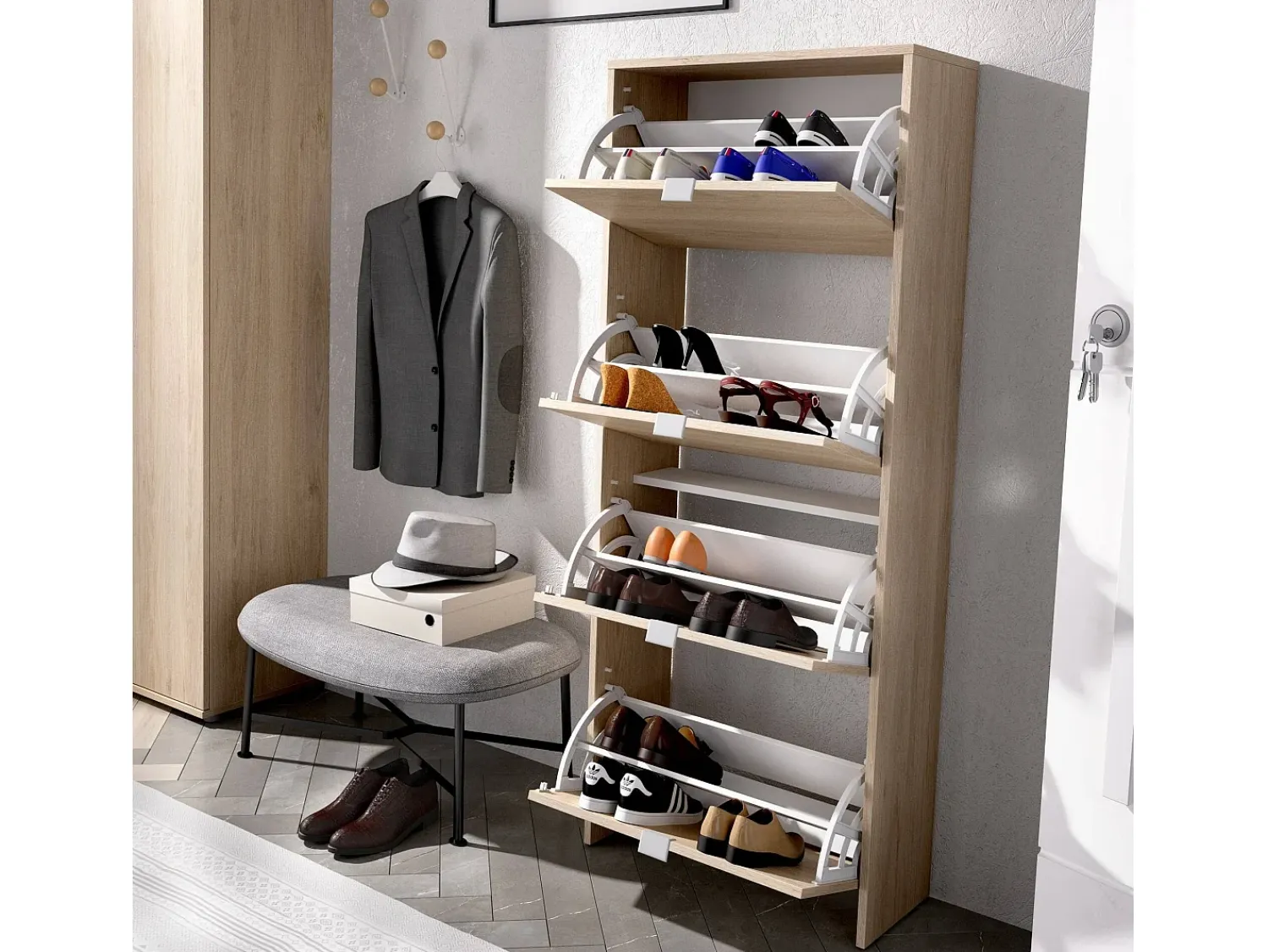 New Dmora Sapateira Dmurie, Sapateira de entrada que economiza espaço, Sapateira com 4 portas dobráveis, 61x25h149 cm, Carvalho Castanho