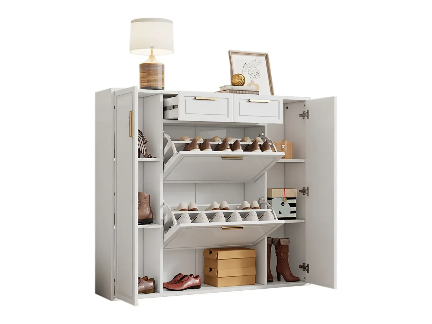 Merax Sapateira dobrável - 120 x 24 x 107 cm - com 2 gavetas + 2 portas + prateleiras reguláveis - MDF + metal -^ Móvel De Arrumação|Sapateira