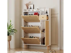 Móvel De Arrumação|Sapateira*Hauss Spole Sapateira em madeira e rattan, 3 portas e 1 gaveta, 90 x 17 x 125 cm, cor natural + branco Natural claro