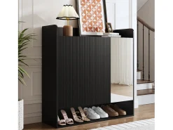 Merax Sapateira listrada vertical - 110 x 35,5 x 110 cm - com espelho + 2 portas + prateleira - MDF + aglomerado - preta^ Móvel De Arrumação|Sapateira