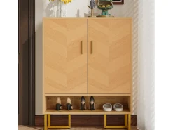Móvel De Arrumação|Sapateira|Merax Sapateira moderna - 80 x 38 x 100 cm - padrão de madeira exclusivo - estrutura de ferro dourado - com 2 portas - MDF - cor natural Natural claro
