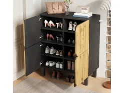 Móvel De Arrumação|Sapateira|Merax Sapateira moderna - 80 x 38,5 x 95 cm - com 4 portas + prateleiras ajustáveis - pés de ferro - MDF - natural + preto Natural claro