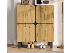Móvel De Arrumação|Sapateira|Merax Sapateira moderna - 80 x 38,5 x 95 cm - com 4 portas + prateleiras ajustáveis - pés de ferro - MDF - natural + preto Natural claro