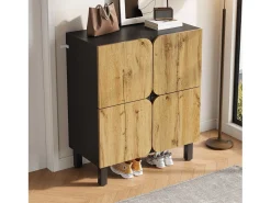 Móvel De Arrumação|Sapateira|Merax Sapateira moderna - 80 x 38,5 x 95 cm - com 4 portas + prateleiras ajustáveis - pés de ferro - MDF - natural + preto Natural claro