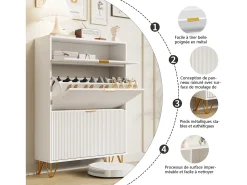 Discount Sapateira moderna branca com 3 gavetas de madeira, puxadores dourados e detalhes canelados. Branco
