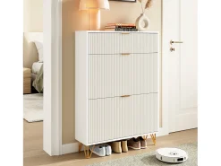 Sapateira Moderna em Madeira com 3 Portas Basculantes, Pés Metálicos Dourados e Design Anti-Queda – Armário de Sapatos Grande, , 49x29x120 cm^ Móvel De Arrumação|Sapateira