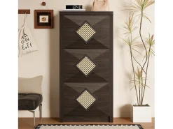 Discount Merax Sapateira vintage com decoração em rattan - 54 x 25 x 115 cm - com 3 compartimentos basculantes - aglomerado - cor natural escura Natural escuro