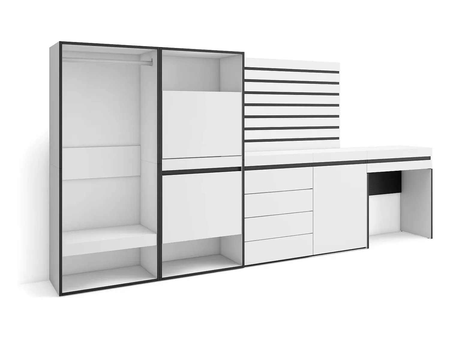 New Skraut Home Sapateira, 297x35x145cm, Para quarto, dormitório, Roupeiro aberto, Cómoda, Tiras Deco. Madeira, Toucador, Branco