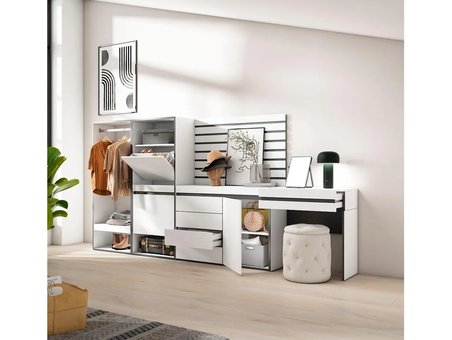 New Skraut Home Sapateira, 297x35x145cm, Para quarto, dormitório, Roupeiro aberto, Cómoda, Tiras Deco. Madeira, Toucador, Branco