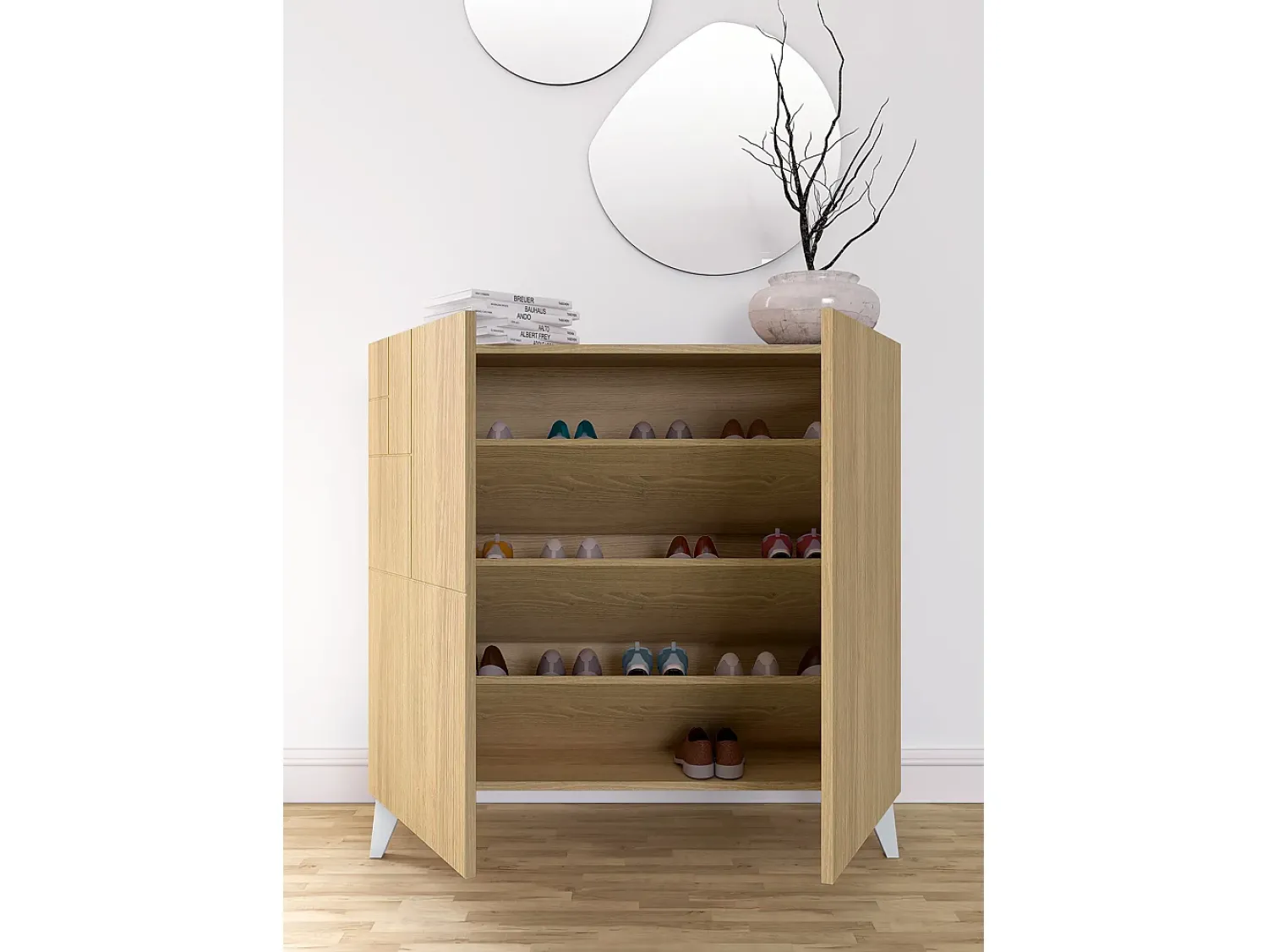 Móvel De Arrumação|Sapateira|Herdasa Sapateiro/Móvel organização - H87cm x L90cm x P27cm chêne dore pernas – Bergen Branco
