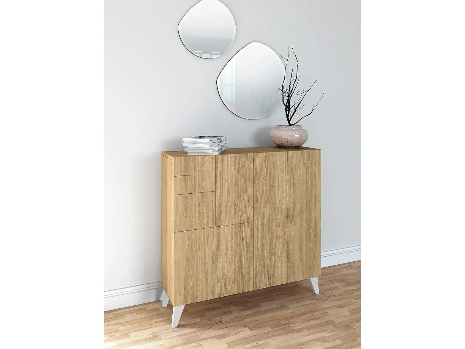 Móvel De Arrumação|Sapateira|Herdasa Sapateiro/Móvel organização - H87cm x L90cm x P27cm chêne dore pernas – Bergen Branco