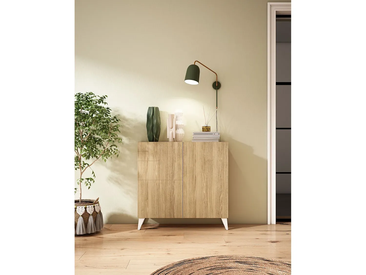 Móvel De Arrumação|Sapateira|Herdasa Sapateiro/Móvel organização - H87cm x L90cm x P27cm chêne dore pernas – Bergen Branco