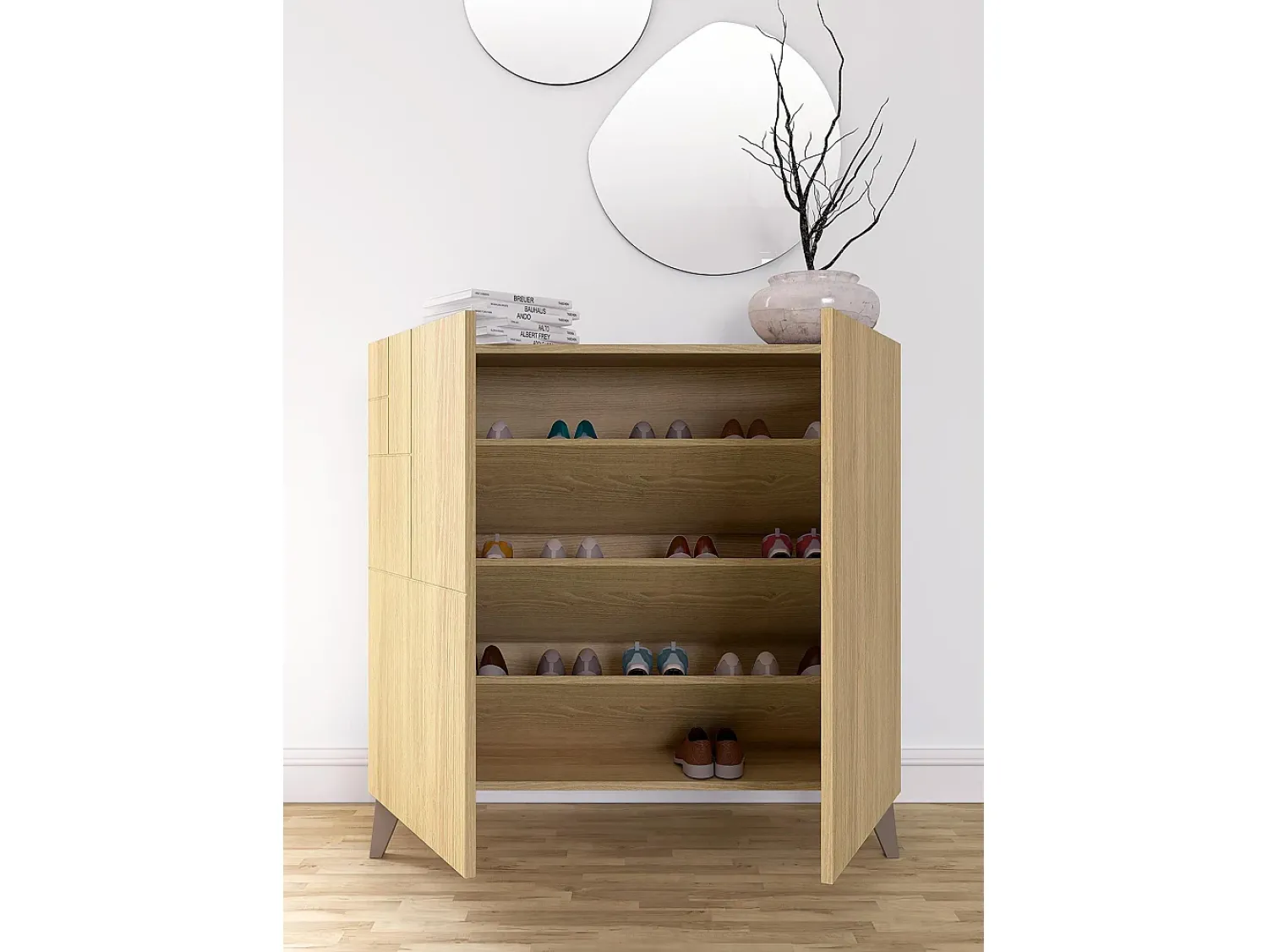 Móvel De Arrumação|Sapateira|Herdasa Sapateiro/Móvel organização - H87cm x L90cm x P27cm chêne dore pernas moca – Bergen Castanho