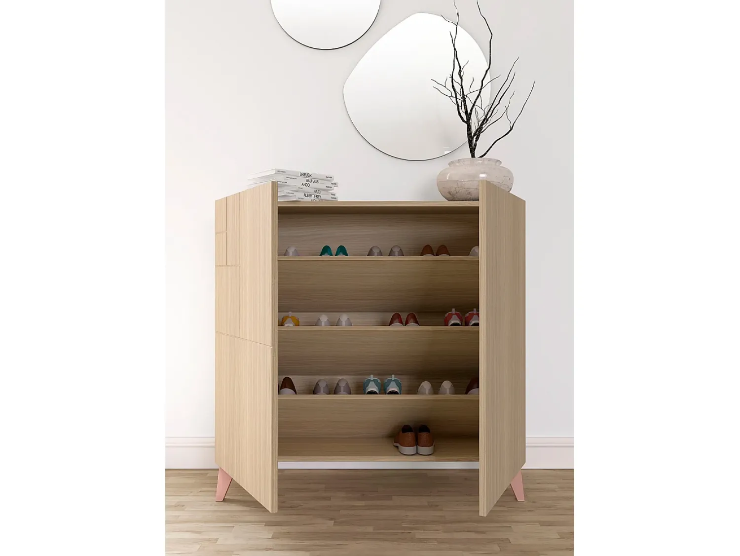 Outlet Herdasa Sapateiro/Móvel organização - H87cm x L90cm x P27cm nogueira clara pernas rose - Bergen Rosa