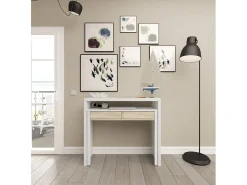 Dmora Secretária Billings, Secretária com tampo extensível, Secretária para PC com 2 gavetas, 99x36h88 cm, e Carvalho^ Consola