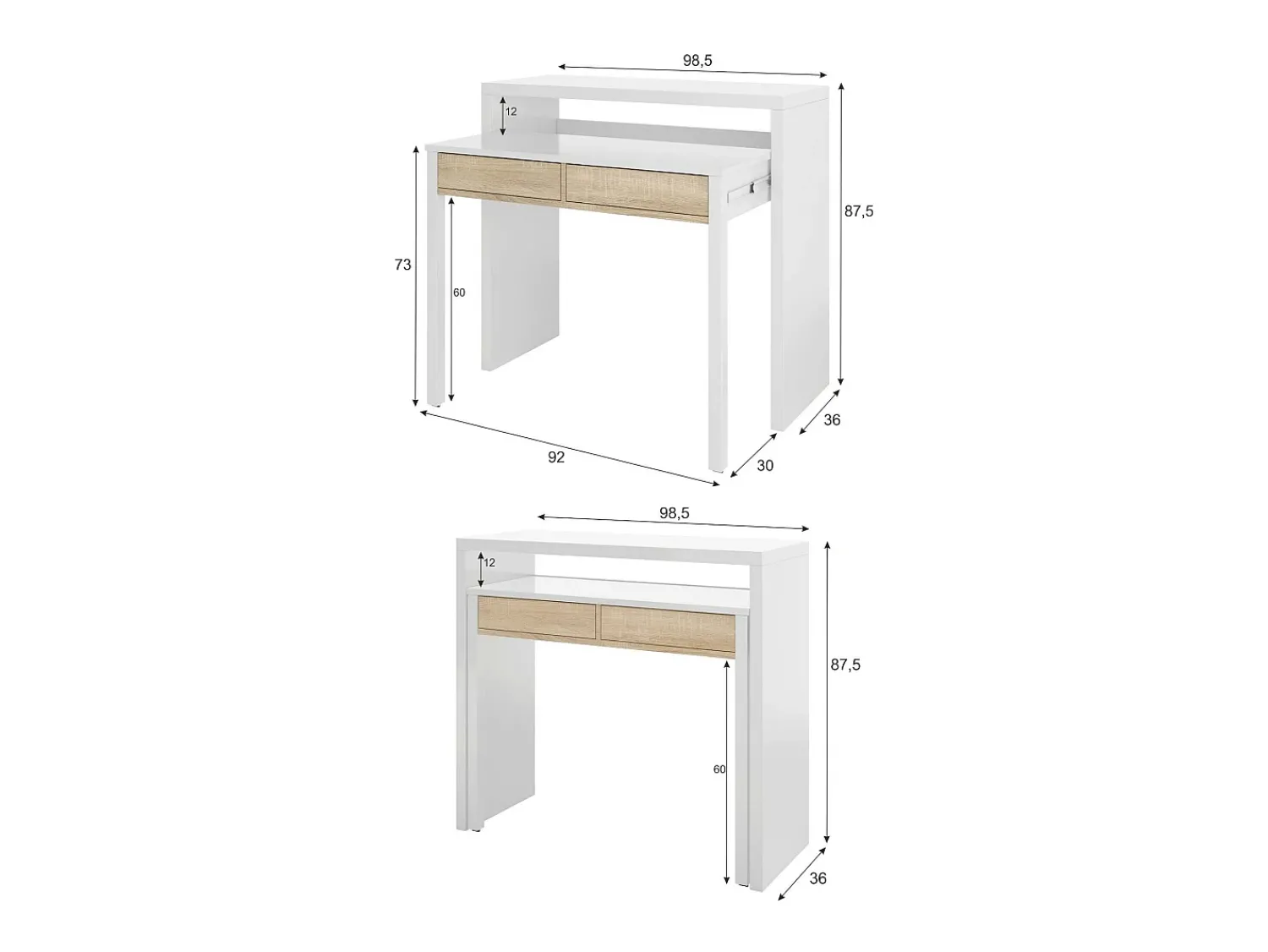 Dmora Secretária Billings, Secretária com tampo extensível, Secretária para PC com 2 gavetas, 99x36h88 cm, e Carvalho^ Consola