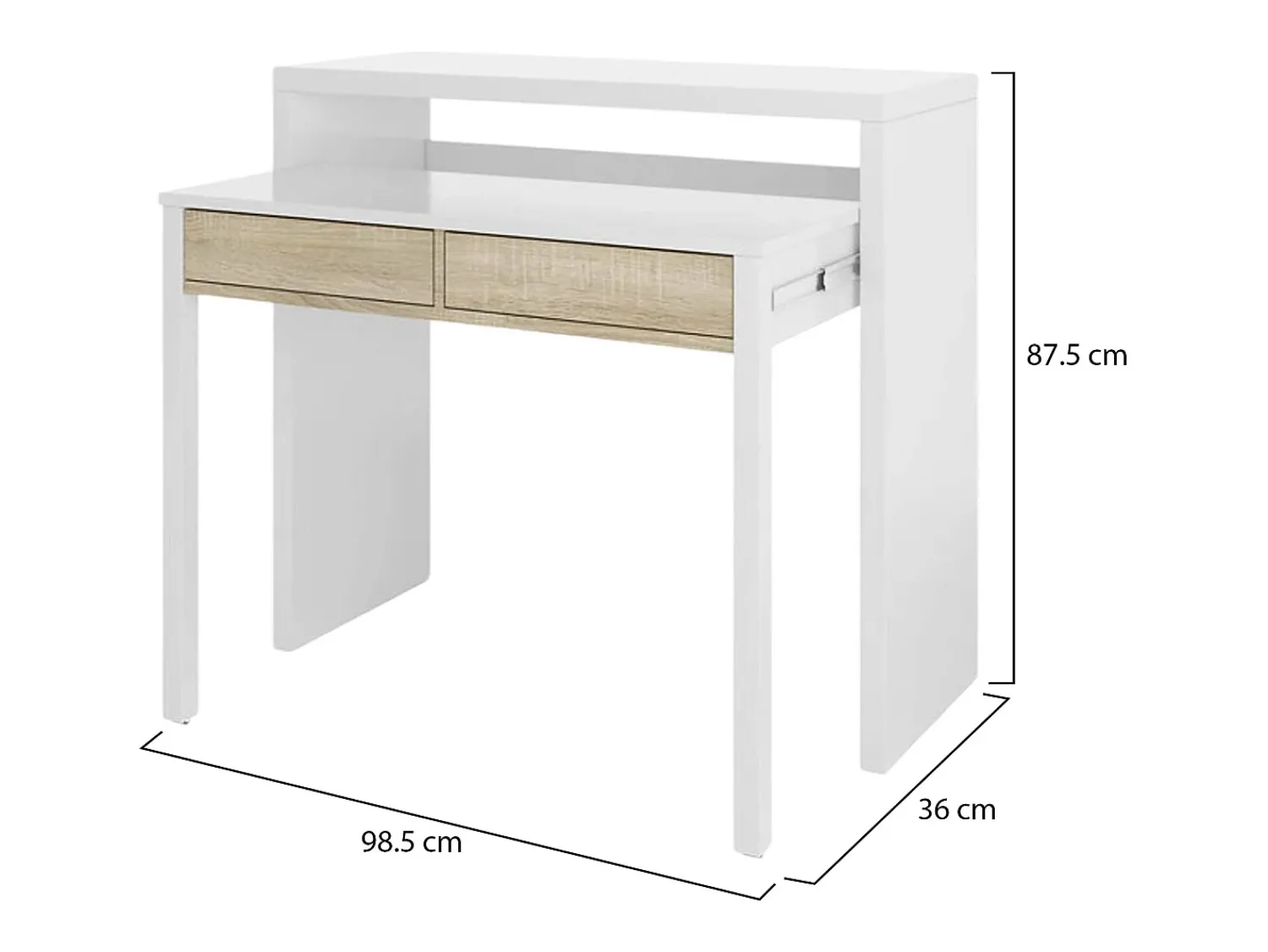 Dmora Secretária Billings, Secretária com tampo extensível, Secretária para PC com 2 gavetas, 99x36h88 cm, e Carvalho^ Consola