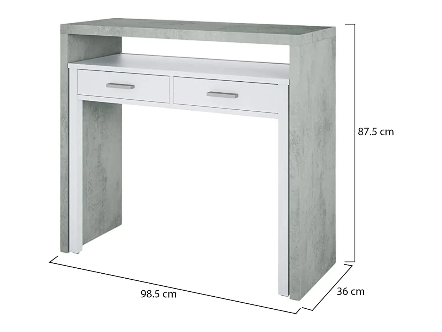 Consola*Dmora Secretária Billings, Secretária com tampo extensível, Secretária PC com 2 gavetas, 99x36h88 cm, Cimento e Branco Cinzento