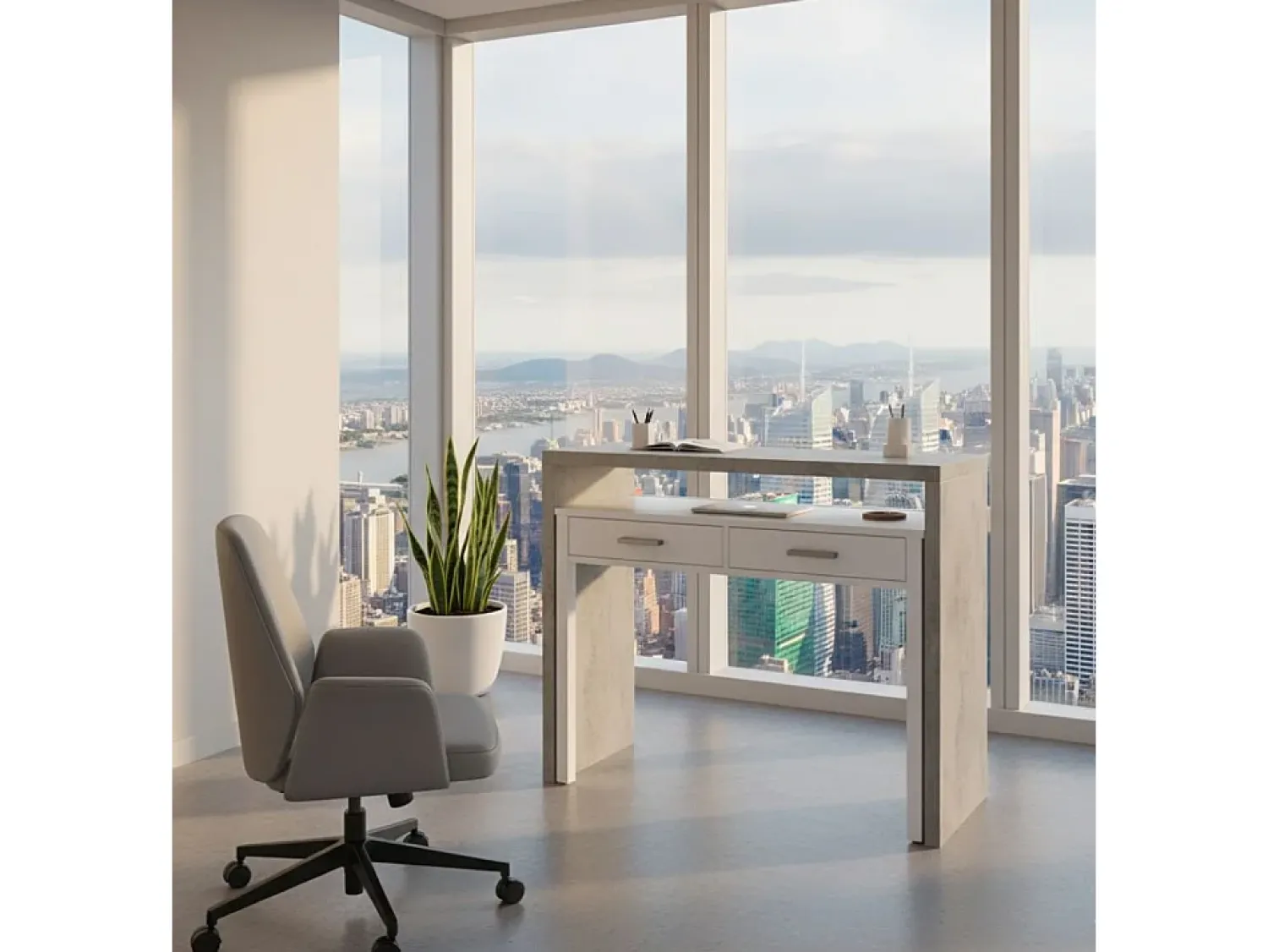 Consola*Dmora Secretária Billings, Secretária com tampo extensível, Secretária PC com 2 gavetas, 99x36h88 cm, Cimento e Branco Cinzento