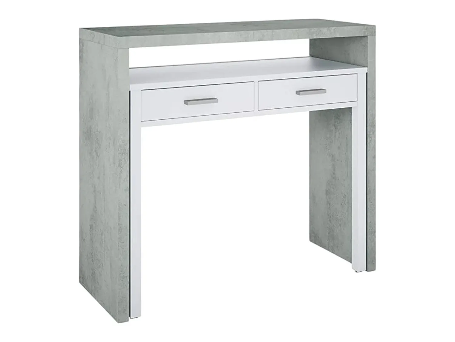 Consola*Dmora Secretária Billings, Secretária com tampo extensível, Secretária PC com 2 gavetas, 99x36h88 cm, Cimento e Branco Cinzento