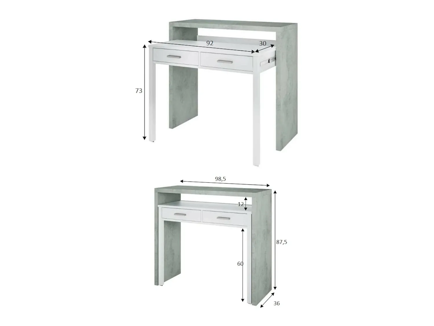 Consola*Dmora Secretária Billings, Secretária com tampo extensível, Secretária PC com 2 gavetas, 99x36h88 cm, Cimento e Branco Cinzento