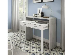 Consola*Dmora Secretária Billings, Secretária com tampo extensível, Secretária PC com 2 gavetas, 99x36h88 cm, Cimento e Branco Cinzento