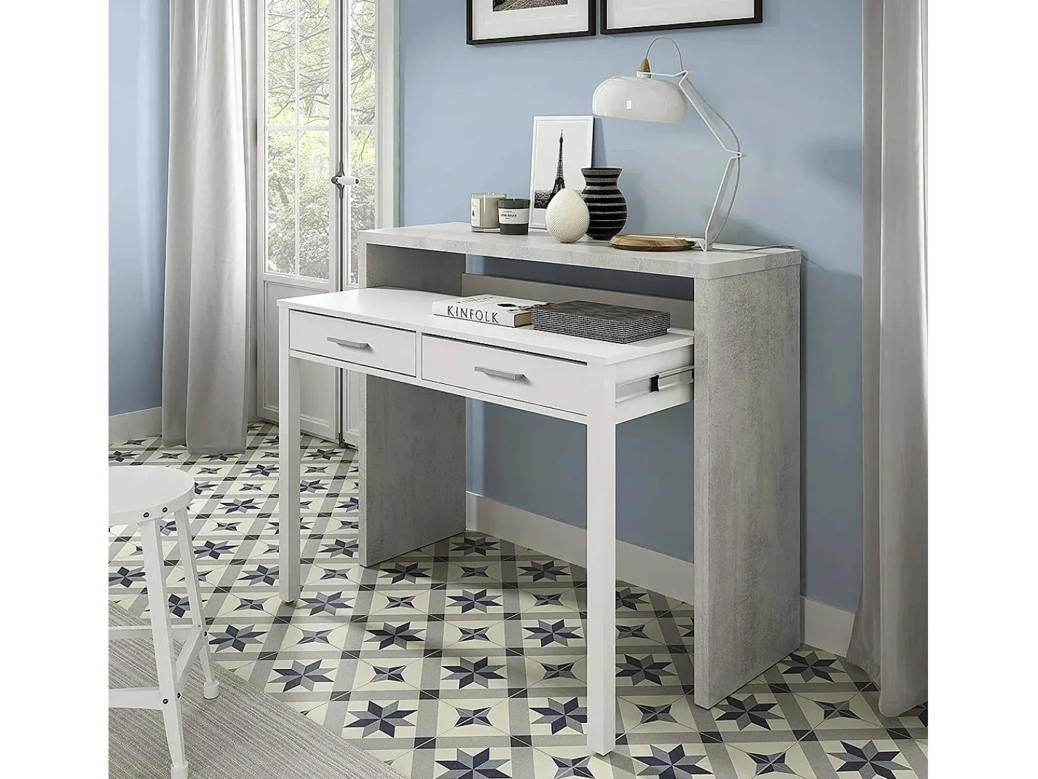 Consola*Dmora Secretária Billings, Secretária com tampo extensível, Secretária PC com 2 gavetas, 99x36h88 cm, Cimento e Branco Cinzento