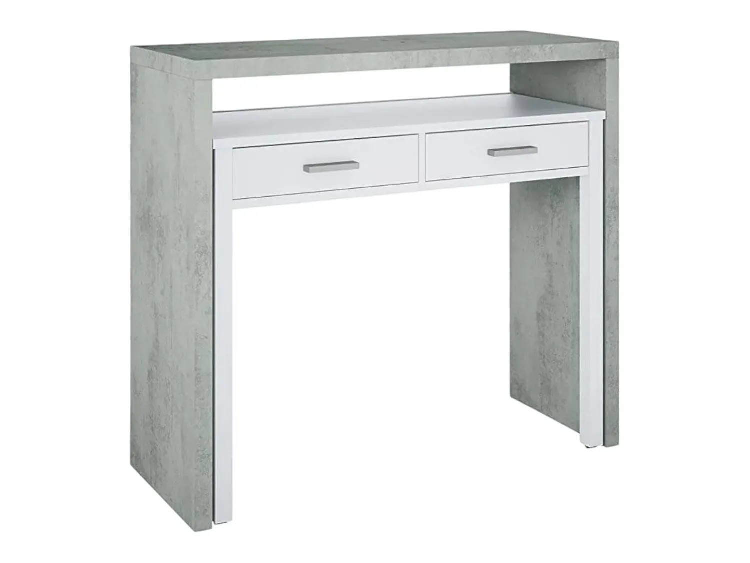 Consola*Dmora Secretária Billings, Secretária com tampo extensível, Secretária PC com 2 gavetas, 99x36h88 cm, Cimento e Branco Cinzento