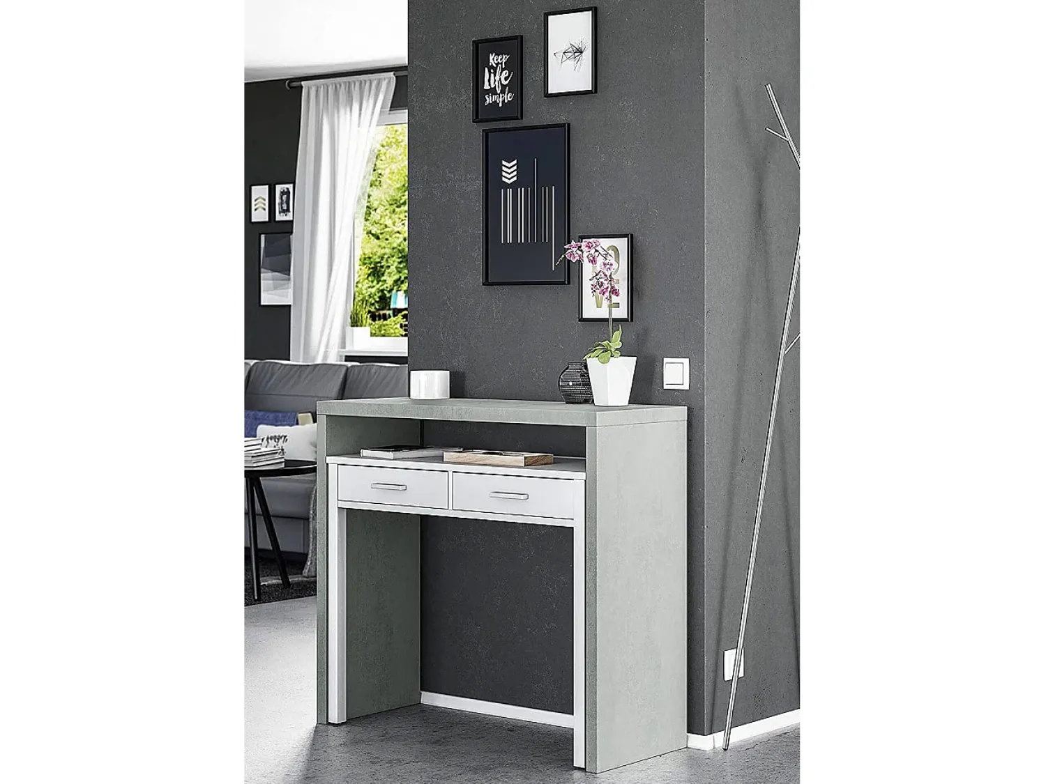 Consola*Dmora Secretária Billings, Secretária com tampo extensível, Secretária PC com 2 gavetas, 99x36h88 cm, Cimento e Branco Cinzento