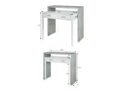 Dmora Secretária Damodi, Secretária com tampo extensível, Secretária PC com 2 gavetas, 99x36h88 cm, Cimento e Branco Cinzento