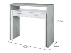 Dmora Secretária Damodi, Secretária com tampo extensível, Secretária PC com 2 gavetas, 99x36h88 cm, Cimento e Branco Cinzento