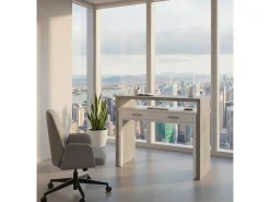 Dmora Secretária Damodi, Secretária com tampo extensível, Secretária PC com 2 gavetas, 99x36h88 cm, Cimento e Branco Cinzento