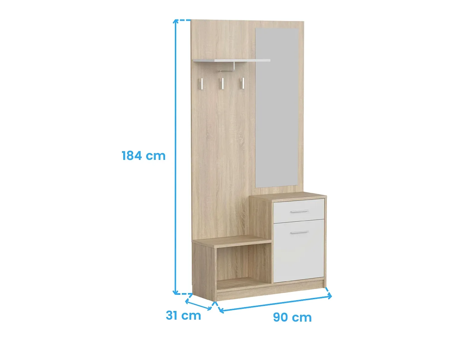 Móvel De Entrada| Sett Móveis de Corredor Espelho 1 Gaveta 1 Porta Prateleira Oca Carvalho 90 cm Branco