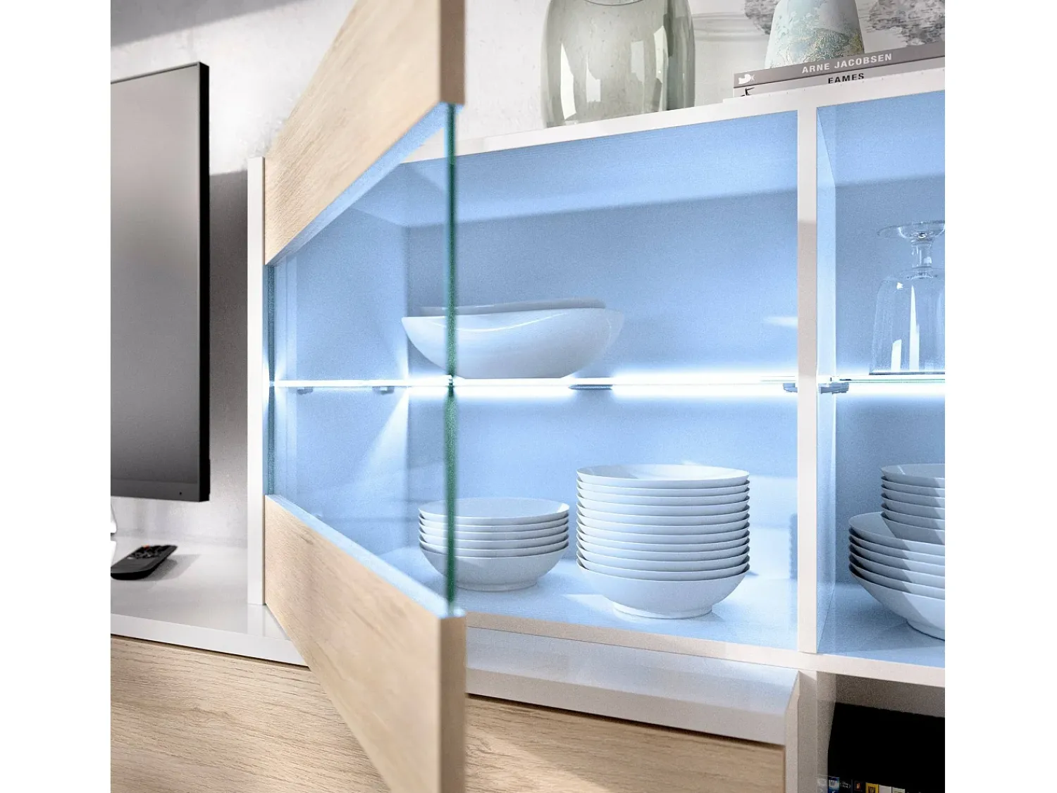 Móvel De Tv|Dmora Sistema de parede Adams, Conjunto modular de sala de canto, Móveis de sala multiposições com luz LED, 260x41h180 cm, Carvalho e Branco Castanho