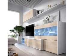 Móvel De Tv|Dmora Sistema de parede Adams, Conjunto modular de sala de canto, Móveis de sala multiposições com luz LED, 260x41h180 cm, Carvalho e Branco Castanho