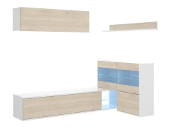 Móvel De Tv|Dmora Sistema de parede Adams, Conjunto modular de sala de canto, Móveis de sala multiposições com luz LED, 260x41h180 cm, Carvalho e Branco Castanho