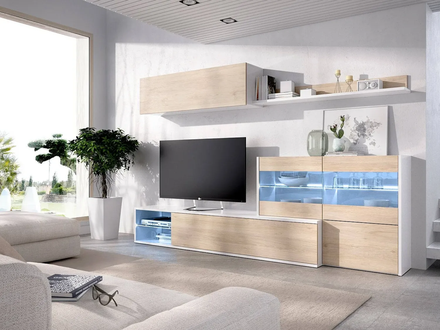 Móvel De Tv|Dmora Sistema de parede Adams, Conjunto modular de sala de canto, Móveis de sala multiposições com luz LED, 260x41h180 cm, Carvalho e Branco Castanho