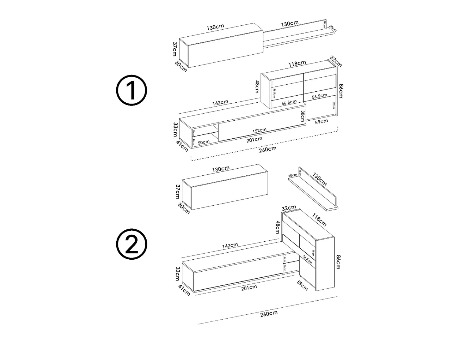 Móvel De Tv|Dmora Sistema de parede Adams, Conjunto modular de sala de canto, Móveis de sala multiposições com luz LED, 260x41h180 cm, Carvalho e Branco Castanho