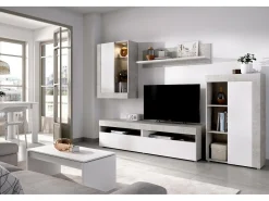 Móvel De Tv*Dmora Sistema de parede Beverin, Conjunto modular de sala, Móveis de sala multiposições, 265x42h180 cm, e Cimento Branco