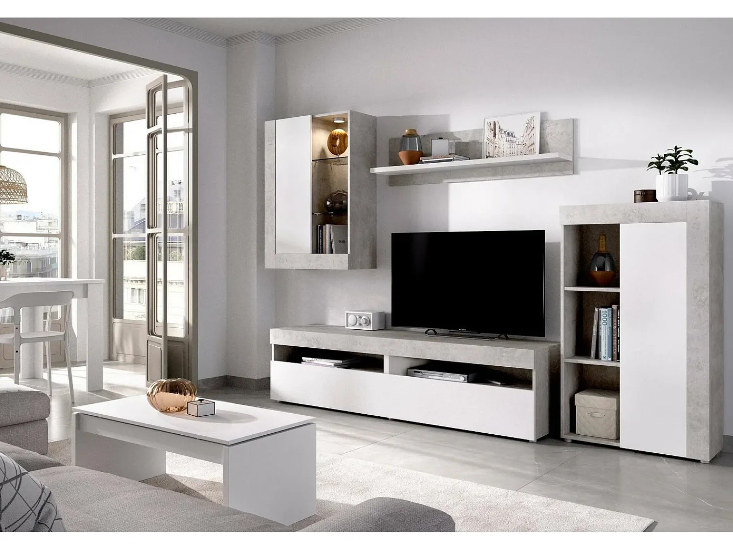 Móvel De Tv*Dmora Sistema de parede Beverin, Conjunto modular de sala, Móveis de sala multiposições, 265x42h180 cm, e Cimento Branco
