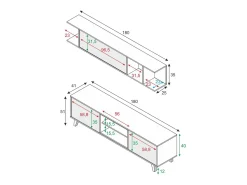 Hot Dmora Sistema de parede Buffalo, móvel de sala de TV, Composição de sala com móvel de parede, 180x41h51 cm, e Carvalho Branco