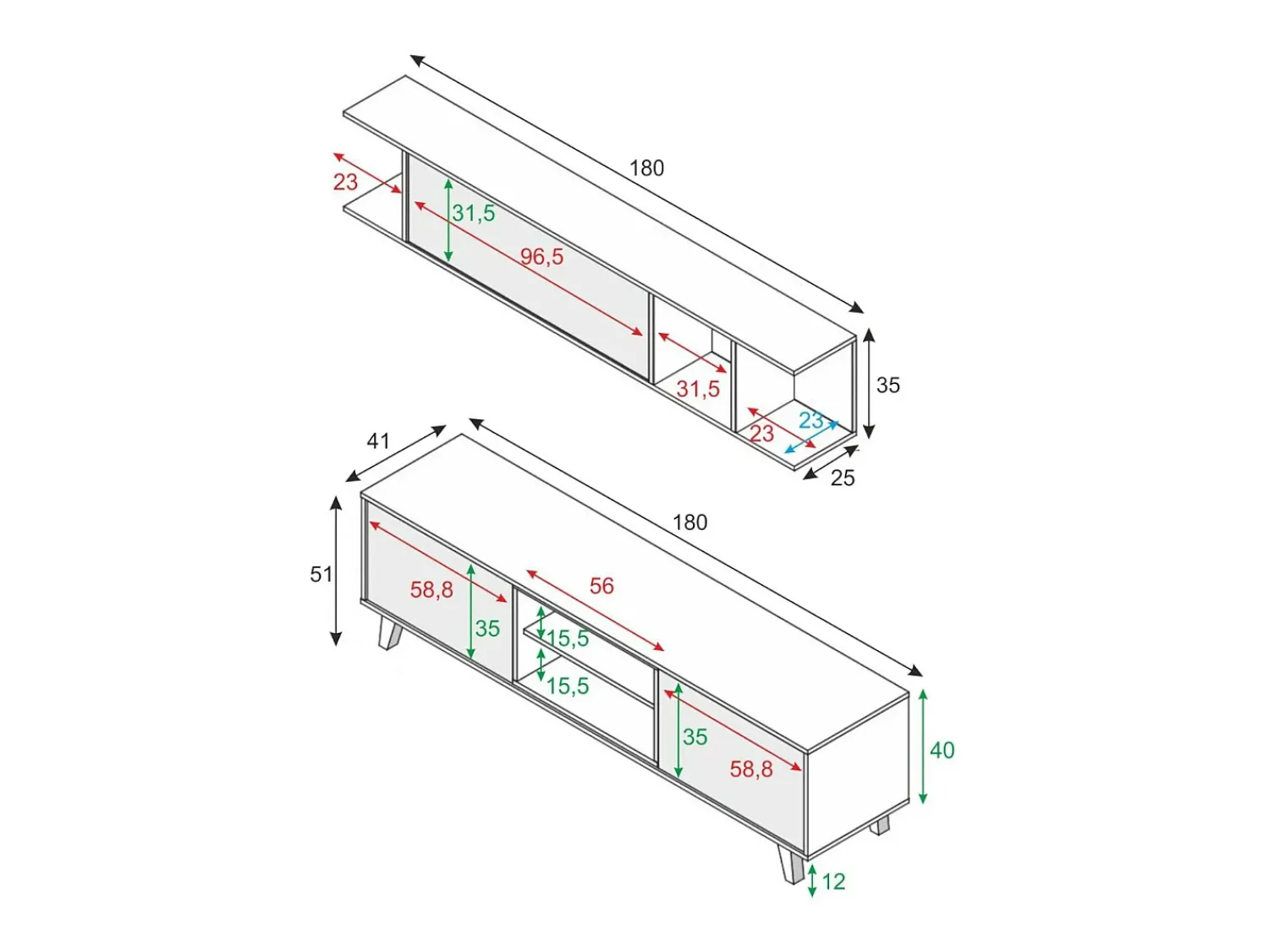 Hot Dmora Sistema de parede Buffalo, móvel de sala de TV, Composição de sala com móvel de parede, 180x41h51 cm, e Carvalho Branco