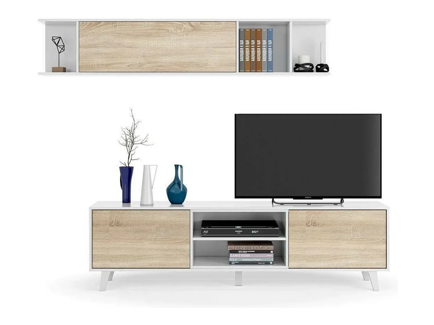 Hot Dmora Sistema de parede Buffalo, móvel de sala de TV, Composição de sala com móvel de parede, 180x41h51 cm, e Carvalho Branco