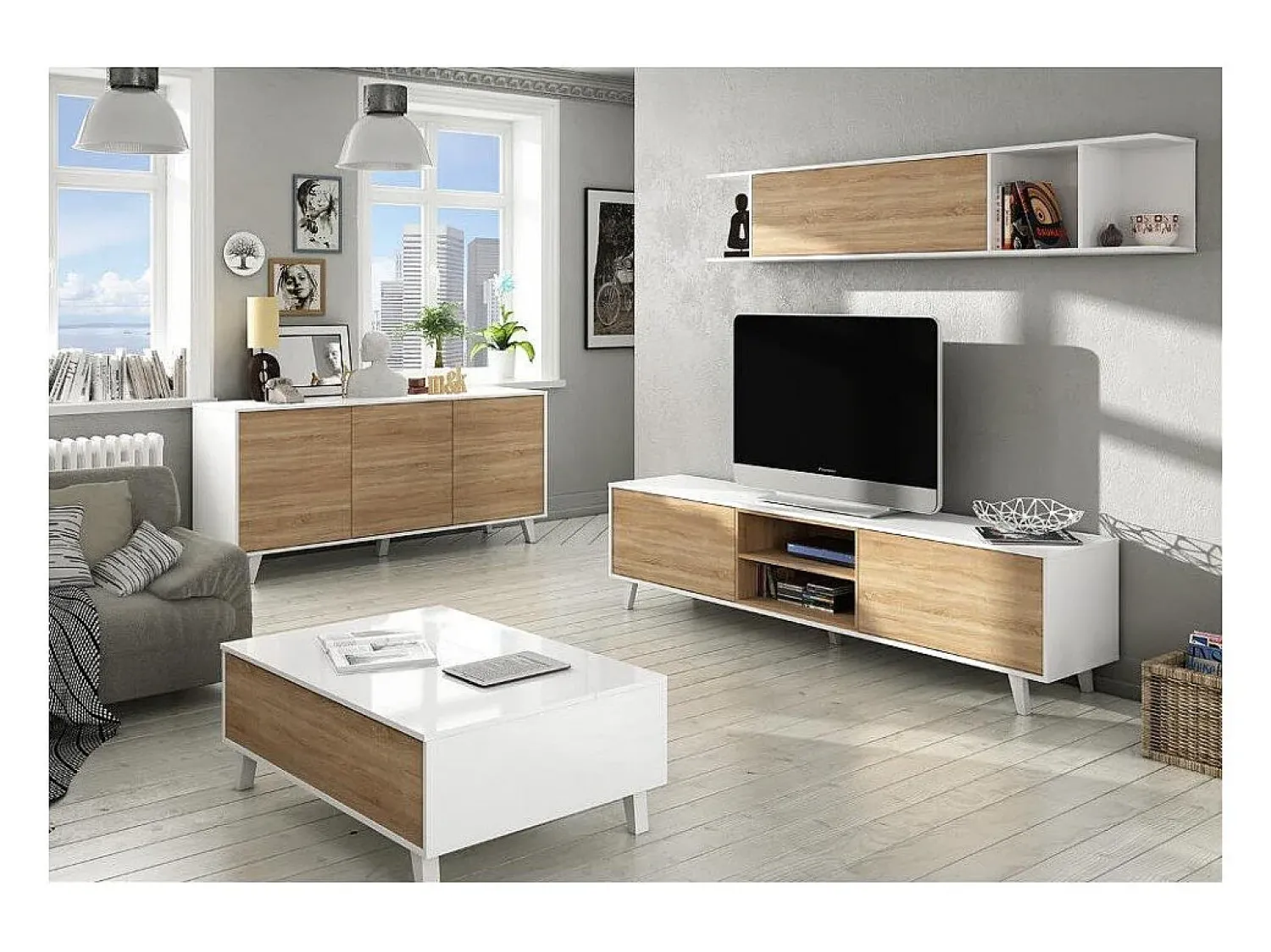Hot Dmora Sistema de parede Buffalo, móvel de sala de TV, Composição de sala com móvel de parede, 180x41h51 cm, e Carvalho Branco