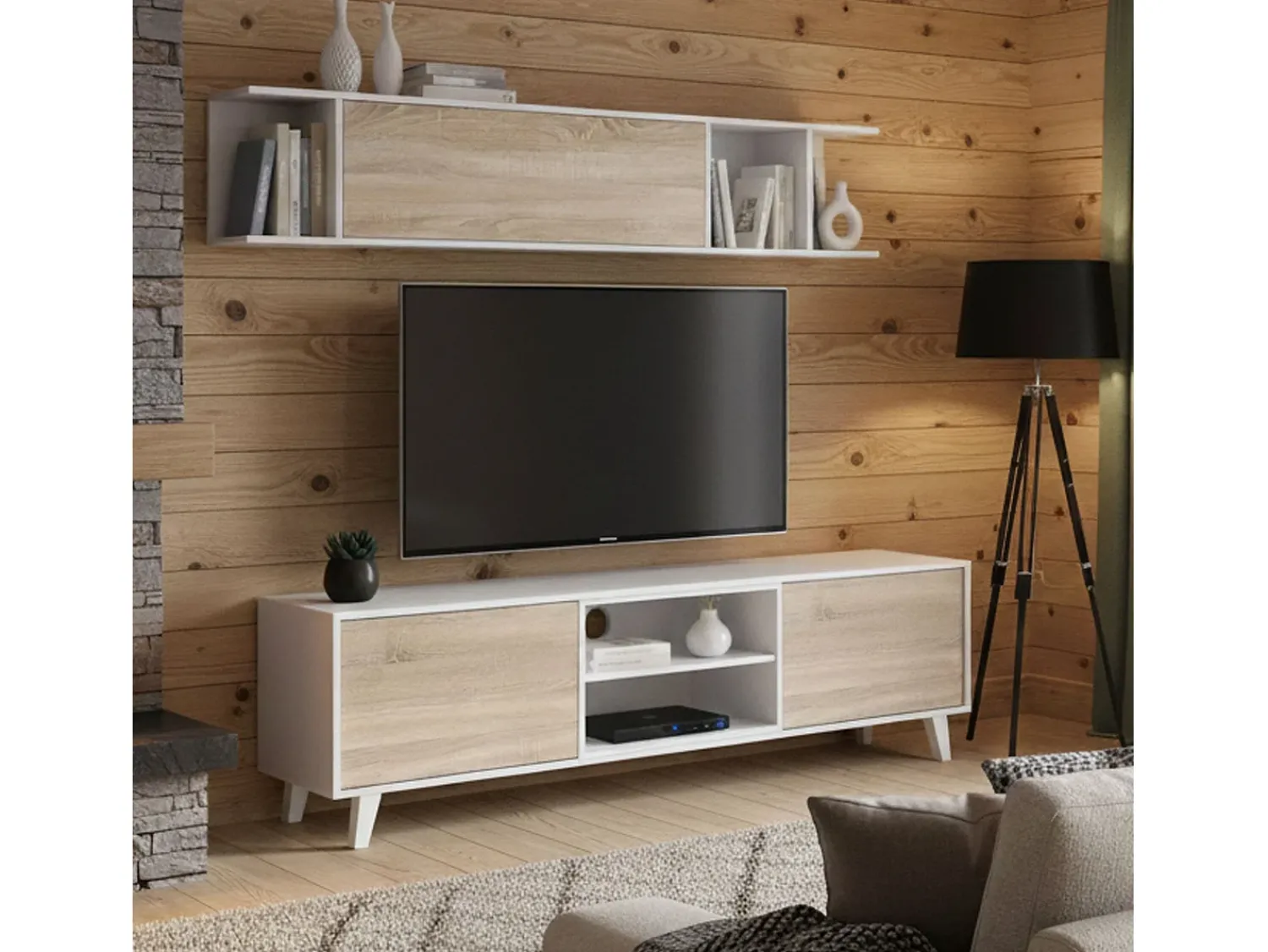Hot Dmora Sistema de parede Buffalo, móvel de sala de TV, Composição de sala com móvel de parede, 180x41h51 cm, e Carvalho Branco