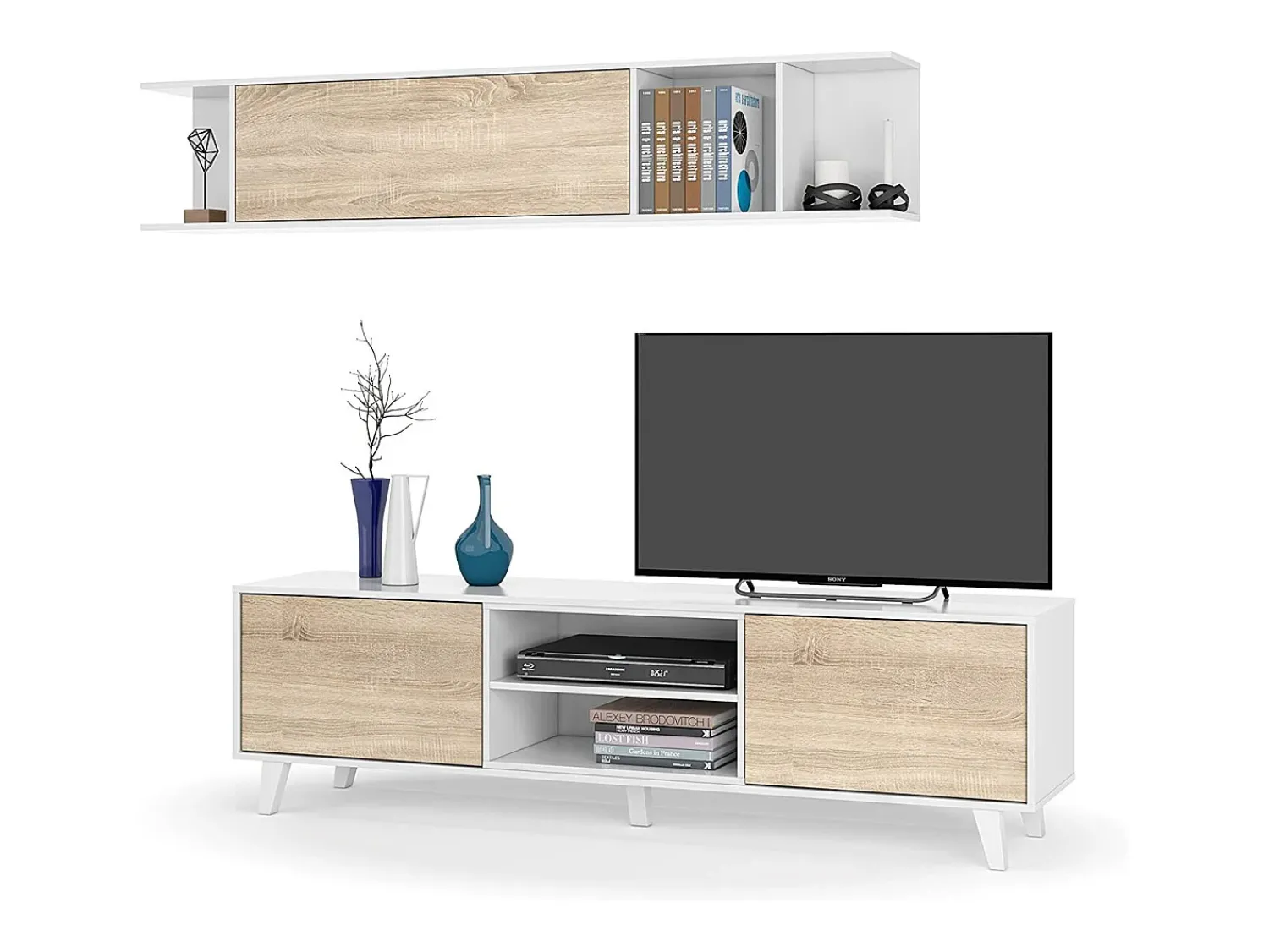 Hot Dmora Sistema de parede Buffalo, móvel de sala de TV, Composição de sala com móvel de parede, 180x41h51 cm, e Carvalho Branco