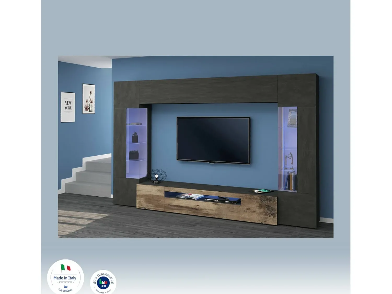 Best Dmora Sistema de parede Clementino, móvel de sala de TV de 6 portas, mobiliário de sala multiuso com luz LED, 100% Fabricado em Itália, 290x40h191 cm, Antracite e Bordo Preto