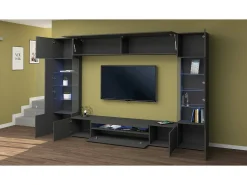 Móvel De Tv|Dmora Sistema de parede Clementino, conjunto de sala de TV com 6 portas, mobiliário de sala multiuso com luz LED, 100% Fabricado em Itália, 290x40h191 cm, Antracite Preto